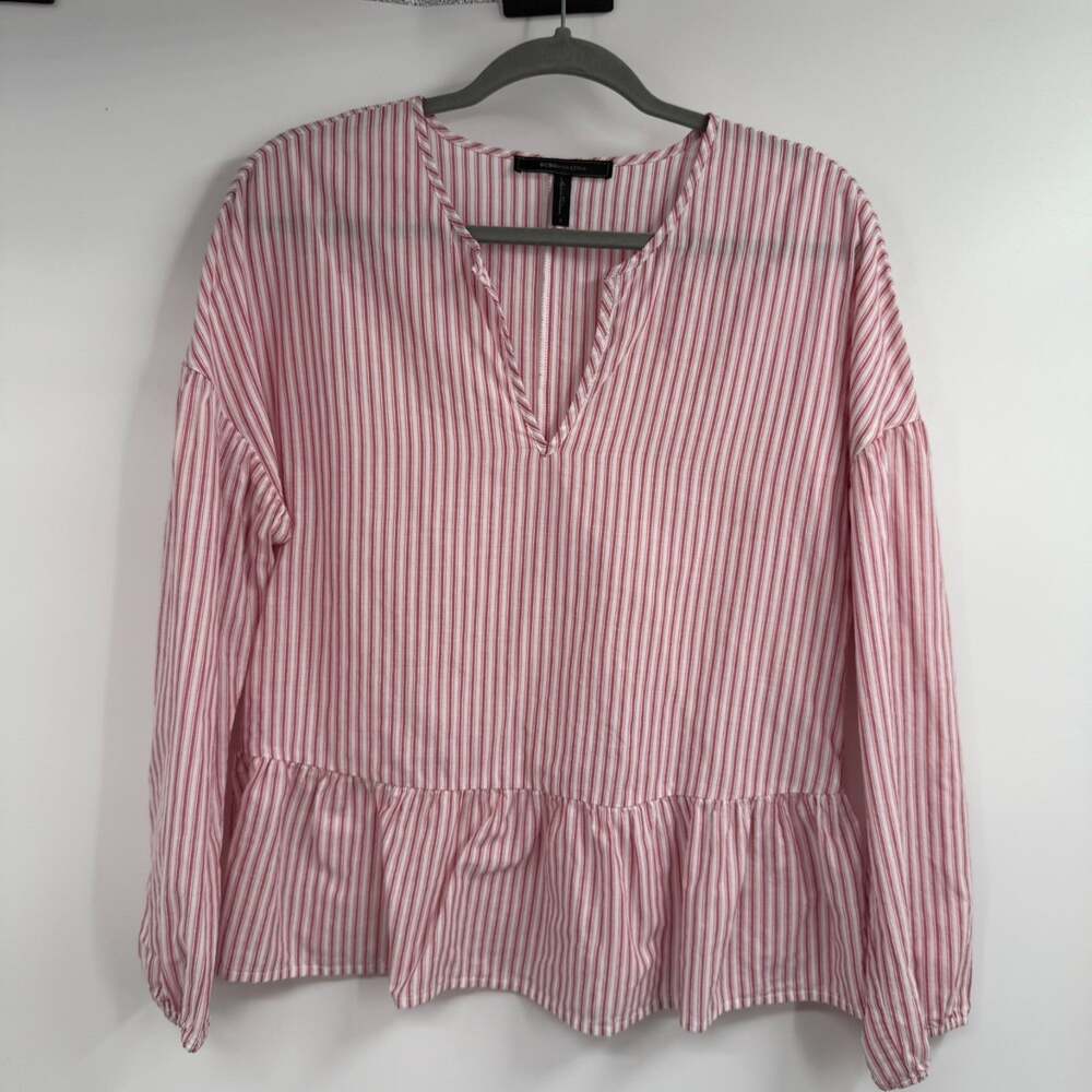 BCBG MaxAzria Striped Peasant Peplum Blouse Women S Red White V Neck Long Sleeve
